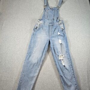 HM Divided Womens Distressed Denim Overalls Light Wash Raw Hem Slim Size 6